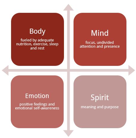 A four quadrant grid describing the four wellsprings of energy, including body (fueled by adequate nutrition, exercise, sleep and rest), mind (fueled by focus, undivided attention and presence), emotion (fueled by positive feelings and emotional self-awareness) and spirit (fueled by meaning and purpose). 